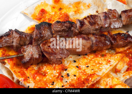 Nahaufnahme, authentischen türkischen Schaschlik mit Pita-Brot Stockfoto