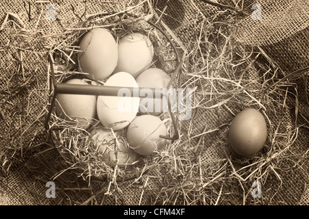 Eiern in einem Korb mit Stroh auf meschotschek jute Stockfoto