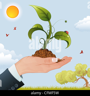 Business Woman Hand mit der sprießen aus dem Boden auf Natur Hintergrund, Vektor-illustration Stockfoto