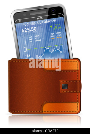 Finanzkonzept - Leder-Portemonnaie mit Smart Phone (Stock Market Anwendung), Vektor-illustration Stockfoto