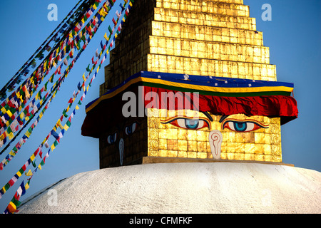 Nahaufnahme des Bodhnath Stupa (Boudhanth) (Boudha), Kathmandu, Nepal, Asien Stockfoto