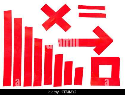 Sammlung von verschiedenen roten Isolierband Streifen. Isolierband isoliert auf weißem Hintergrund Stockfoto