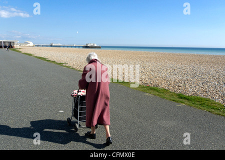 Vereinigtes Königreich West Sussex Worthing eine ältere Dame schob ihren Einkaufswagen Stockfoto