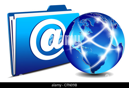 e-Mail-Ordner "Mail" und Kommunikation Internet Weltkugel Stockfoto