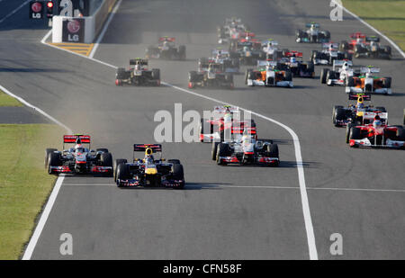 Der Sieger Jenson Button und World Champion Sebastian Vettel Formel-1 - The Grand Prix von Japan in Suzuka Suzuka, Japan - 09.10.11 Stockfoto