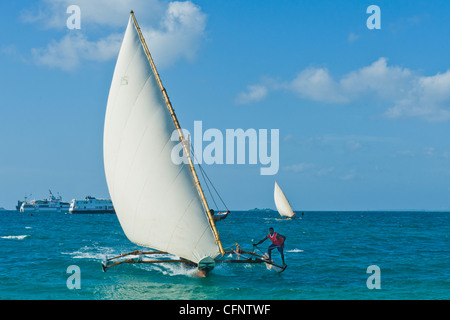 "Ngalawa" traditionelle out Rigger Angelboote/Fischerboote ankommen am Ziel einer Regatta in Stone Town Sansibar Tansania Stockfoto