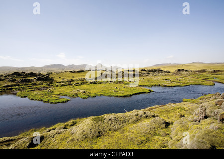 Moos bedeckte Lavafeld und Crater Lake, Lakagigar, Island Stockfoto