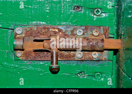 Rostige alte Schraube auf eine hölzerne Tür. Stockfoto