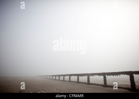 Nebel Wolken Sandown Beach auf der Isle Of Wight. Hölzerne Buhnen verschwinden in der niedrigen Wolken im englischen Badeort. Stockfoto