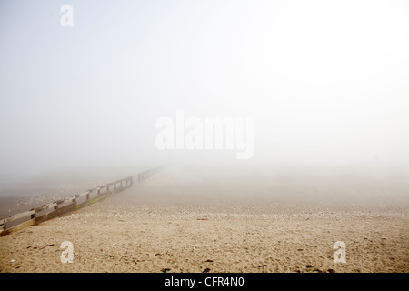 Nebel Wolken Sandown Beach auf der Isle Of Wight. Hölzerne Buhnen verschwinden in der niedrigen Wolken im englischen Badeort. Stockfoto