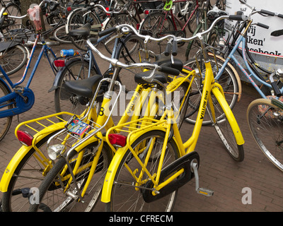 Leuchtend gelbe Fahrräder geparkt in einem Meer von Fahrrädern auf dem Bürgersteig in Amsterdam Stockfoto