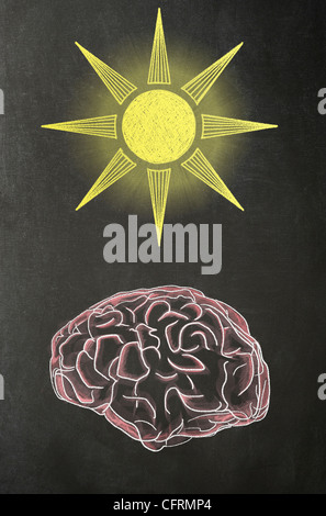 Abbildung in Chalk eines menschlichen Gehirns mit einer Sonne über es auf einer Tafel Stockfoto