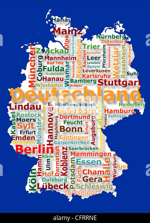 Karte von Deutschland mit den Namen der deutschen Großstädten Stockfoto