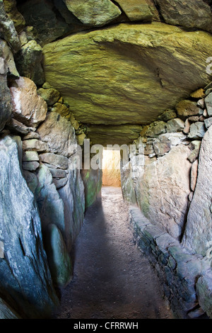 Der Durchgang und die Kammern des Bryn Celli Ddu, einer neolithischen Grabhügel in Anglesey, Nordwales Stockfoto