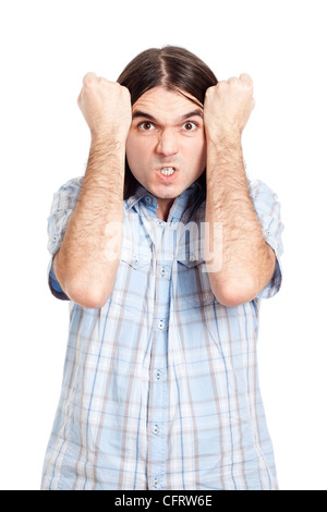 Junge wütend eigensinniger Mann gestikulierte, isoliert auf weißem Hintergrund. Stockfoto