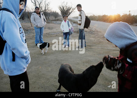 19. Januar 2007 - warten Sie Orange Cove, CA, USA - Kinder aus der Familie der Guerrero ihren Schulbus am 19. Januar 2007.  Temperaturen schwebte noch unter dem Gefrierpunkt in den frühen Morgenstunden.  Tausende von orange Kommissionierer sollen massive Arbeit Engpässe in den kommenden Wochen zu erleben. (Kredit Bild Stockfoto