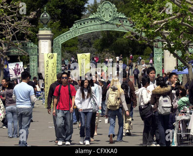 UC Berkeley Studenten weitergeben Sather Gate auf dem Campus der UC Berkeley Dienstag, 17. April 2007 in Berkeley, Kalifornien. Viele Universitäten überprüfen ihre Sicherheitsmaßnahmen vor dem Hintergrund der Morde an der Virginia Tech.    (Gregory Urquiaga/Contra Costa Times) Stockfoto