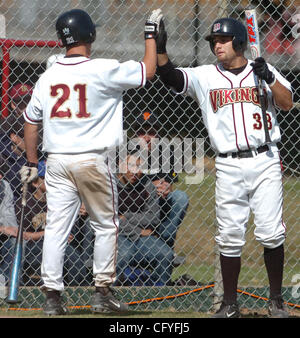 Mühlen-Highschool-Athleten Mark Hoem, links, und Ivan Hidalgo feiern einen Lauf während der frühen CCS Baseball Aktion gegen Palma Mittwoch, 16. Mai 2007, in Millbrae, Kalifornien (Ron Lewis/San Mateo County Times) Stockfoto