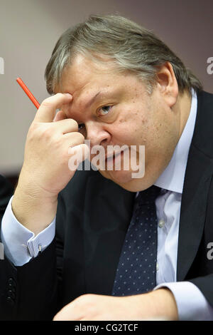 21. Oktober 2011 - Brüssel, BXL, Belgien - der griechische Finanzminister Evangelos Venizelos während eines Treffens der Euro-Zone Finanzminister in Brüssel am 2011-10-21, der Vorsitzende der Euro-Gruppe der Finanzminister sagt, dass die Verzögerung auf eine Schuldenkrise ein '' katastrophale '' Bild des Euro-Währungsgebiets erstellt Stockfoto