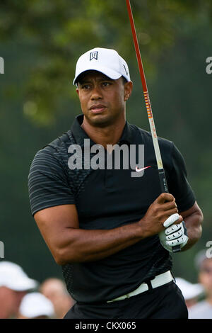 23. August 2012. Bethpage, Famingdale, New York.   Tiger Woods (USA) Abschlag des am 10. Loch während The Barclays-Meisterschaft für den FedEx Cup spielte in Bethpage Black in Farmingdale, New York. Stockfoto