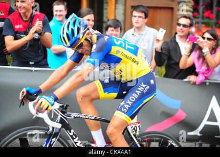 25. August 2012. Lleida nach Andorra Collada, Spanien.  8. Etappe Vuelta a España.  Lleida - Andorra Collada De La Gallina, Saxo Bank - Tinkoff Bank 2012, Contador Alberto, Andorra Collada De La Gallina Stockfoto