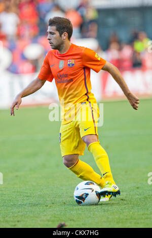 26. August 2012. Pamploma, Spanien. Osasuna 1-2 FC Barcelona, FC Barcelonas Jordi Alba in Aktion während der spanischen Liga-Spiel zwischen Osasuna und FC Barcelona Stadium Reyno de Navarra gespielt. Stockfoto