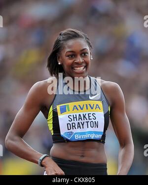 26. August 2012. Birmingham Alexander Stadion, Birmungham, UK, Sonntag. 26.08.2012. Diamond League Leichtathletik. Aviva-Serie. Perri Shakes-Drayton (GBR, Großbritannien) kümmert sich um enttäuscht über die Ziellinie. Stockfoto