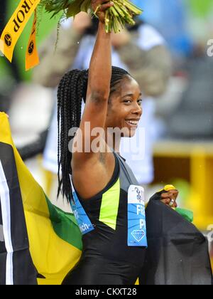 30.08.2012. Zürich, Schweiz.  Leichtathletik Diamond League-Weltmeisterschaft Zürich Schweiz IAAF 100m für Frauen zeigt Bild der Jubel von Shelly-Ann Fraser Pryce Jam Stockfoto