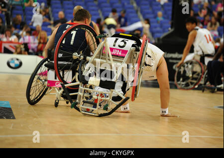 03.09.2012 London, England. Basketball-Arena. REO Fujimoto in Aktion für Japan während Tag 5 der Paralympics vom Olympiastadion entfernt. Stockfoto