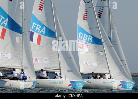 Paralympics London 2012: Segeln Sonar Klasse Rennen 3. September 2012 Bild von: DORSET MEDIA SERVICE Stockfoto