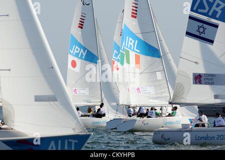 Paralympics London 2012: Segeln Sonar Klasse Rennen 3. September 2012 Bild von: DORSET MEDIA SERVICE Stockfoto
