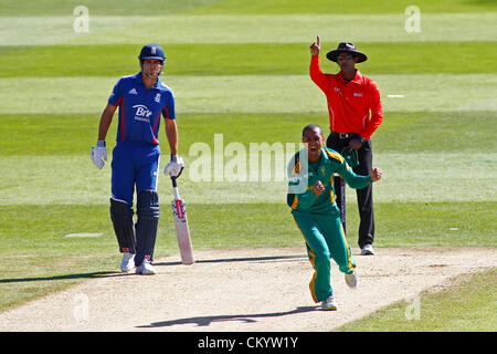 Nottingham, England. 5. September 2012. Schiedsrichter Dharmasena signalisiert als Südafrikas Robin Peterson das Wicket Englands Ian Bell feiert (nicht abgebildet) und Englands Kapitän Alastair Cook blickt auf eine während der 5. Nat West eintägigen internationalen Cricket match zwischen England und Südafrika und spielte bei Trent Bridge Cricket Ground: obligatorische Kredit: Mitchell Gunn / Alamy Live News Stockfoto