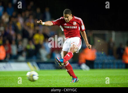 05.09.2012 Oxford, England. Giles Cooke in Aktion während der Johnstones Paint Trophy südliche Abschnitt erste Runde Spiel zwischen Oxford United und Swindon Town aus dem Kassam Stadion. Stockfoto