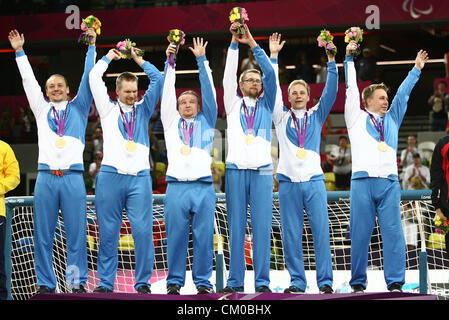 07.09.2012. London, England. Finnland gewinnt die Goldmedaille im Herren Goalball während Tag 9 der Paralympics London aus der Kupfer-Box Stockfoto