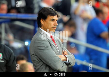 Cardiff, Wales, UK. Freitag, 7. September 2012 im Bild: Chris Coleman-Manager für Wales.  Re: FIFA 2014 World Cup Qualifier, Wales / Belgien im Cardiff City Stadium, Südwales. Stockfoto