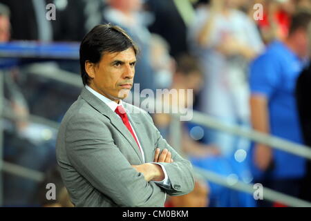 Cardiff, Wales, UK. Freitag, 7. September 2012 im Bild: Chris Coleman-Manager für Wales.  Re: FIFA 2014 World Cup Qualifier, Wales / Belgien im Cardiff City Stadium, Südwales. Stockfoto