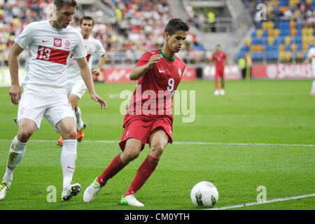 Gdynia, Polen 10. September 2012 UEFA unter 21 EM-Qualifikation. Rui Fonte (9) im Kampf gegen Piotr Malarczyk (13) in Polen Vs Portugal Spiel. Stockfoto