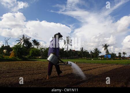 15. September 2012 - Phnom Penh, Kambodscha - Gewässern eine kambodschanische Frau einen Garten entlang des Mekong-Flusses in der Nähe von Phnom Penh, Kambodscha, Freitag, 14. September 2012. (Kredit-Bild: © David Longstreath/ZUMAPRESS.com) Stockfoto