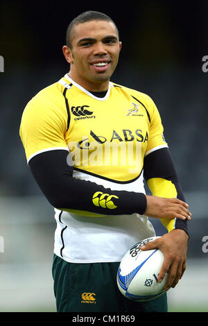 DUNEDIN, Neuseeland - 14.September: Bryan Habana blickt auf während der südafrikanischen Springboks Kapitän Laufs im Forsyth Barr Stadium am 14. September 2012 in Dunedin, Neuseeland. (Foto: Teaukura Moetaua/Getty Images) Stockfoto