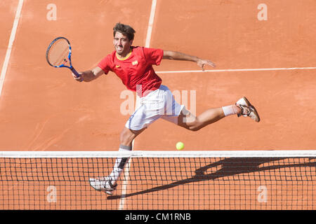 15.09.2012. Gijón, Spanien. Tennis-Davis Cup-Halbfinale, Spanien-USA. Doppel-Match. Für Spanien, Marc Lopez und Marcel Granollers. US-Team besteht aus: Mike Bryan und Bob Bryan. Stockfoto