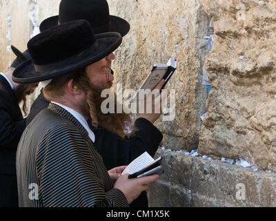 Ultra-orthodoxen religiösen Männer mit traditionellen langen Schläfenlocken betet an der Klagemauer, der Kotel, am Vorabend des jüdischen Neujahrs, Rosch Haschana. Jerusalem, Israel. 16. September 2012.  Tausenden betet an der Klagemauer am Vorabend des jüdischen Neujahrs zum letzten Mal im Jahr 5772. Nach dem jüdischen Kalender beginnt das Jahr 5773 und die hohen jüdischen Feiertage heute Abend nach Sonnenuntergang. Stockfoto