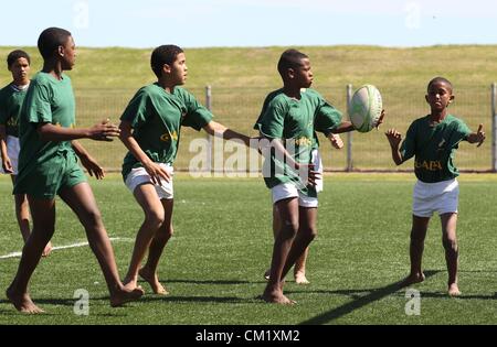 GANSBAAI, Südafrika - 15. SEPTEMBER, Aktivitäten während der Springbok Sevens coaching Klinik Absa Räume für Sport Zentrum am 15. September 2012 in Gansbaai, Südafrika-Foto von Luke Walker / Gallo Images Stockfoto