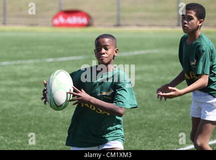 GANSBAAI, Südafrika - 15. SEPTEMBER, Aktivitäten während der Springbok Sevens coaching Klinik Absa Räume für Sport Zentrum am 15. September 2012 in Gansbaai, Südafrika-Foto von Luke Walker / Gallo Images Stockfoto