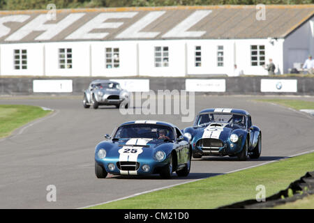 Goodwood Estate, Chichester, UK. 15. September 2012. Blau (25) Shelby American Cobra Daytona Coupe gefolgt von einem blauen AC Cobra während der Shelby-Cup, eine 45-minütige zwei Fahrer Cup für AC, Shelby und Willment Kobras beim Goodwood Revival. Die Wiederbelebung ist eine "magische Schritt zurück in die Zeit", präsentiert eine Mischung aus Autos und Luftfahrt aus den 40's, 50er und 60er Jahre und ist eines der beliebtesten historischen Motorsport-Ereignisse in der Welt. Besuchen Sie für weitere Informationen www.goodwood.co.uk/revival. Stockfoto