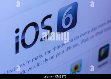 Apple veröffentlicht das neue Betriebssystem auf Mittwoch, 19. September 2012, iOS6 für Handheld-Geräte; iPhone, iPad und iPod touch vor der Veröffentlichung des iPhone 5 auf Freitag, 21. September 2012. Stockfoto