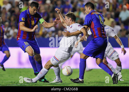 20.09.2012 - Europa League Fußball Europa, Gruppe 1. Spieltag, gegen Levante UD vs. Helsingborg - Ballesteros (links) und Navarro (rechts) von UD Levante Helsingborg Spieler Stockfoto