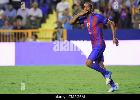 20.09.2012 - Europa League Football Europe Gruppe 1. Spieltag, jubelt Levante UD vs. Helsingborg - Juanfran aus UD Levante die Masse im Glück nach seinem Tor Stockfoto