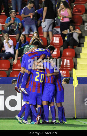 20.09.2012 - Europa League Football Europe Gruppe Spieltag 1, Levante UD vs. Helsingborg - Levante UD-Spieler feiern Tor von Juanfran Stockfoto