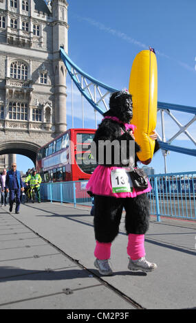 Tower Bridge, London, UK. 22. September 2012. Läufer in Gorilla-Anzüge und Kostüme cross Tower Bridge. Der Great Gorilla Run findet in der Nähe der Tower of London. Menschen laufen die 7 k Strecke gekleidet in Gorilla-Anzügen zugunsten verschiedene Wohltätigkeitsorganisationen. Stockfoto