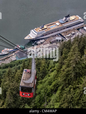 5. Juli 2012 - Borough Of Juneau, Alaska, US - amerikanische Flagge vom Dach eines der Mount Roberts Tramway Gondeln von 1.800 Fuß (550Â m) Höhe des Mount Roberts an die Innenstadt von Juneau abstammen Kreuzfahrt-Terminal wo die Celebrity Century angedockt. Die Straßenbahn ist einer der südöstlichen Alaska beliebtesten touristischen attractions.and der Tourismus-Industrie ist ein entscheidender Faktor für die Wirtschaft Alaskas. (Kredit-Bild: © Arnold Drapkin/ZUMAPRESS.com) Stockfoto